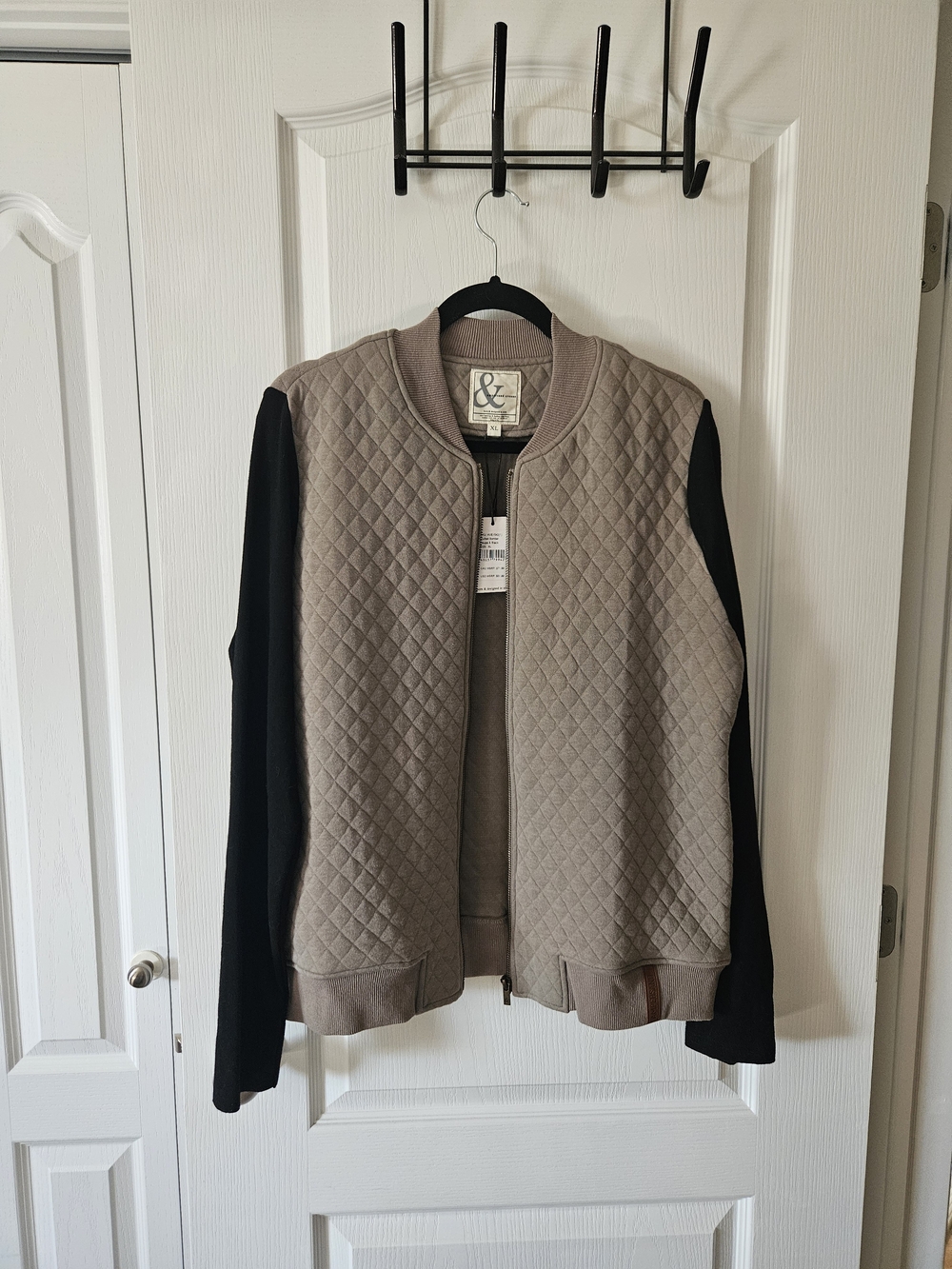 AMPERSAND AVE Quilted Taupe Bomber with Black Sleeves